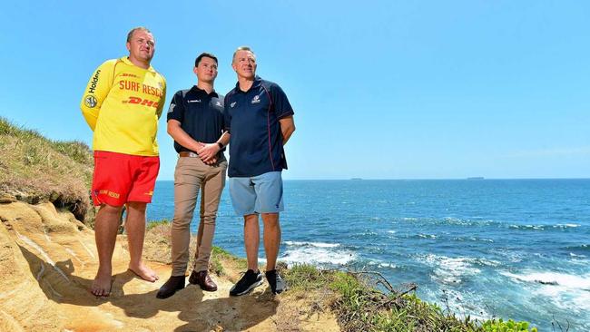 ACTION MEN: (L-R) Nathan Steer, Jacob Thomson and Graham Sharry were the first lifesavers to respond to reports Kyle Roberts' kayak had been attacked by a large tiger shark. Dave McLean joined the team, working as comms coordinator for the rescue. Picture: John McCutcheon