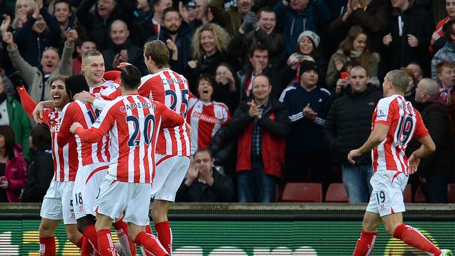 Stoke City's English defender Ryan Shawcross (3rd L) opened the scoring.