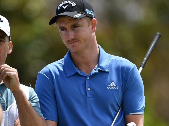 Nick Voke (right) of New Zealand looks on during day one of the AVJennings NSW Open at the Twin Creeks Golf and Country Club in Luddenham, Sydney, Thursday, November 8, 2018. (AAP Image/Brendan Esposito) NO ARCHIVING, EDITORIAL USE ONLY