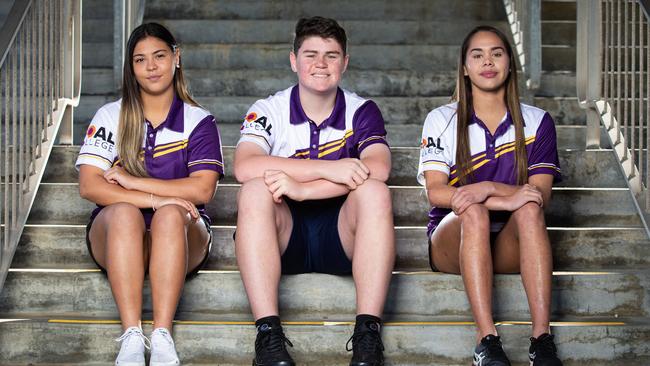 GOAL College students Shanelle, Luke and Kiani sought an alternative for their senior schooling that wouldn’t hold back their sporting ambitions. Picture: Christian Gilles