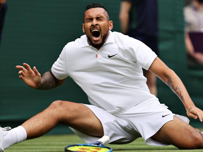 LONDON, ENGLAND - JUNE 30: Nick Kyrgios of Australia reacts as he slips over in his Men's Singles First Round match against Ugo Humbert of France during Day Three of The Championships - Wimbledon 2021 at All England Lawn Tennis and Croquet Club on June 30, 2021 in London, England. (Photo by Clive Brunskill/Getty Images) *** BESTPIX ***