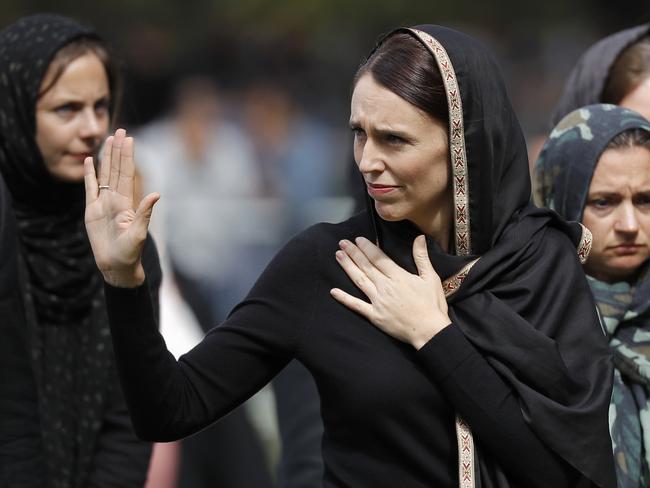 Jacinda Ardern waves as she leaves Friday prayers at Hagley Park in Christchurch, New Zealand. Picture: AP