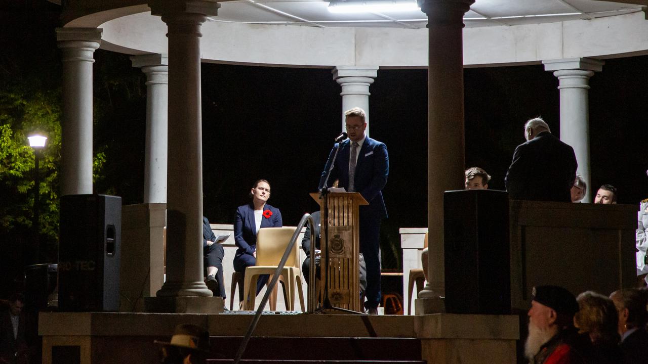 Kingaroy High School principal Dave Thomson speaking at the 2022 Kingaroy Anzac Day Dawn Service. Picture: Dominic Elsome