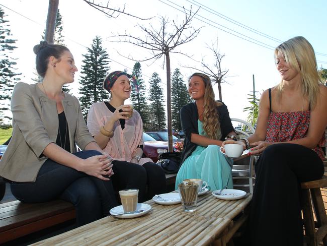 Young women Kimberley Perry, Monica Bird, Samantha Johnson and Justine Elderfield, at a cafe in Mona Vale, northern Sydney.