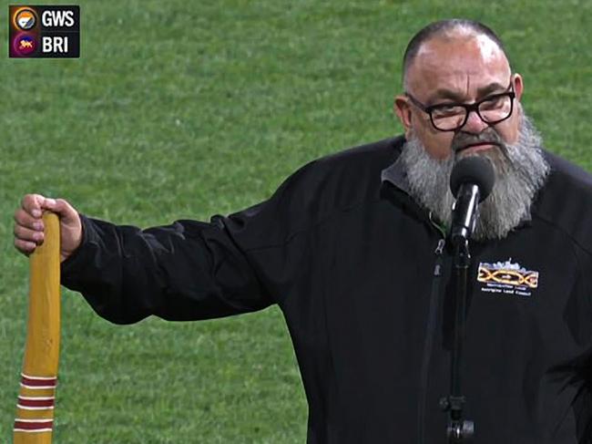 14/09/2024: Brendan Kerin, a cultural educator with Sydney 's Metropolitan Local Aboriginal Land Council, gave a rather blunt Welcome to Country prior to the GWS Giants and Brisbane Lions game at Sydney Olympic Park. PIC: FOX SPORTS