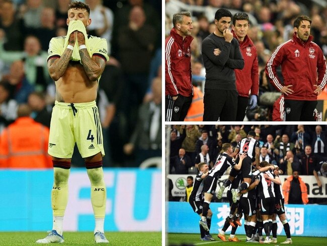 Arsenal choked away a Champions League spot after an own goal by Ben White against Newcastle. Pictures: Getty, AFP