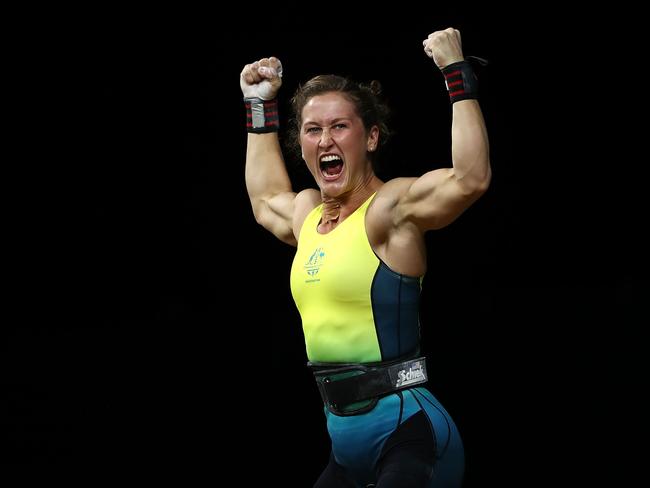 Tia-Clair Toomey of Australia reacts after winning the gold medal