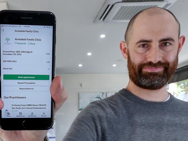 Melbourne-based tech start-up, HotDoc, is Australia's largest patient engagement platform and has partnered with the Federal Government to help them roll out COVID-19 testing. HotDoc has begun rolling out the software in more than 100 Federal Government GP clinics to help make booking appointments faster and more seamless. HotDoc founder Dr Ben Hurst is pictured at the Armadale Family Clinic. Picture : Ian Currie