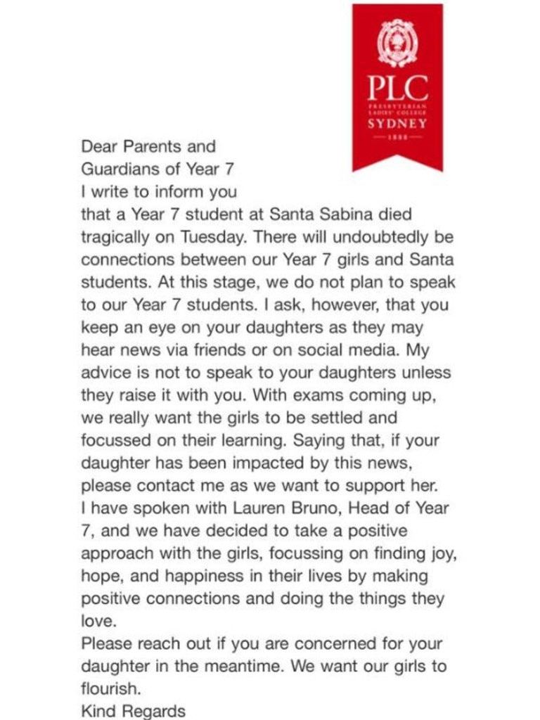 A letter sent home to parents at Presbyterian Ladies College, which is close to the community at Santa Sabina College where a Year 7 student died.