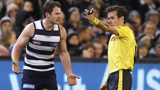 MELBOURNE, AUSTRALIA - SEPTEMBER 06: Patrick Dangerfield of the Cats argues with the umpire during the 2019 AFL First Qualifying Final match between the Geelong Cats and the Collingwood Magpies at the Melbourne Cricket Ground on September 06, 2019 in Melbourne, Australia. (Photo by Dylan Burns/AFL Photos via Getty Images)