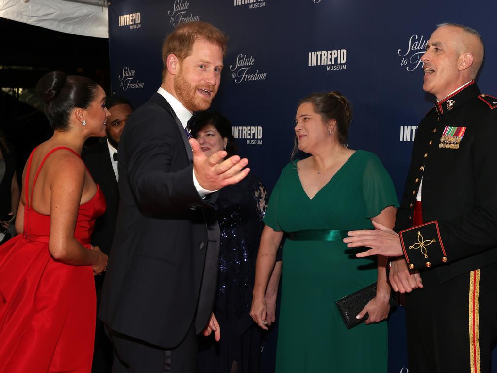 Meghan, Duchess of Sussex, Prince Harry, Duke of Sussex and CWO5 Stephen Rudinski, Valor Award recipient attend the 2021 Salute To Freedom Gala at Intrepid Sea-Air-Space Museum. Picture: Getty