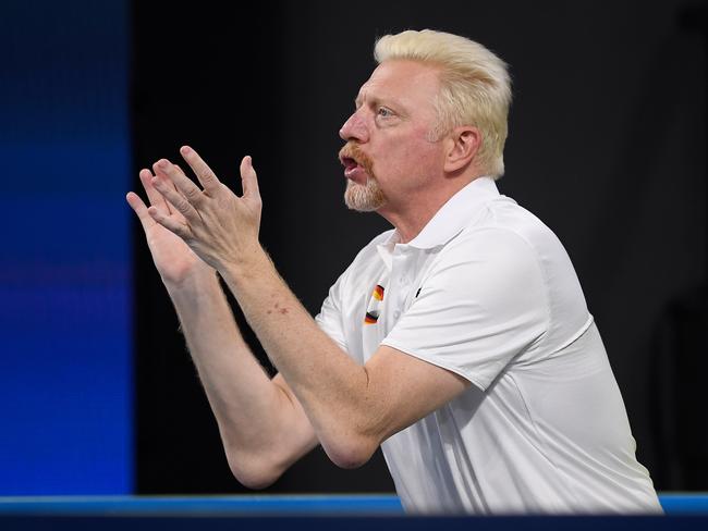 Team Germany captain Boris Becker applauds during day 3 of the ATP Cup tennis tournament at Pat Rafter Arena in Brisbane, Sunday, January 5, 2020. (AAP Image/Albert Perez) NO ARCHIVING, EDITORIAL USE ONLY