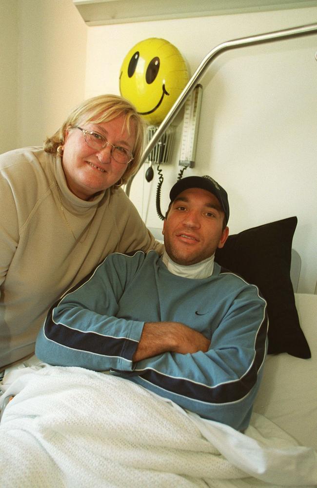 Brisbane captain Gorden Tallis with his mother Judy after he had neck surgery.