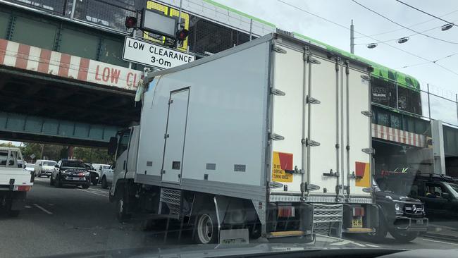 Yet another truck has crashed into the infamous Monague St Bridge. Picture: Twitter