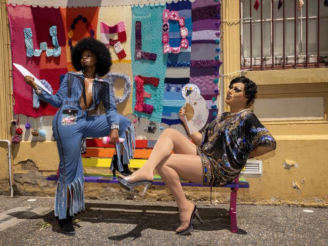 MalcolmXY and Les Beau Fierce take a break during the Inner West pride event. Picture: NCA NewsWire / Dylan Coker