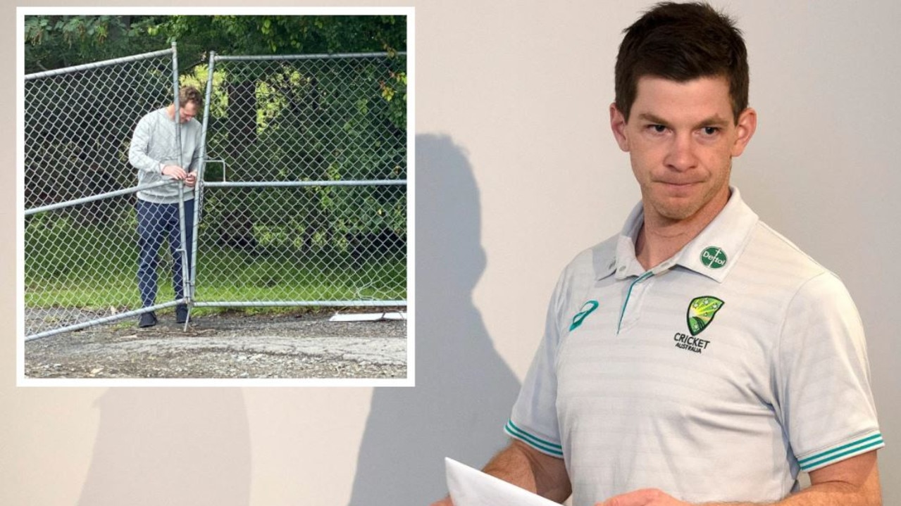 George Bailey sneaks out a back gate after meeting with Tim Paine.