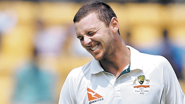 Australia's Josh Hazlewood reacts after bowling a delivery during the third day of their second test cricket match against India in Bangalore, India, Monday, March 6, 2017. (AP Photo/Aijaz Rahi)