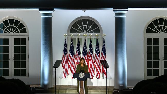 US First Lady Melania Trump addresses the Republican Conventionfrom the Rose Garden. Picture: AFP.