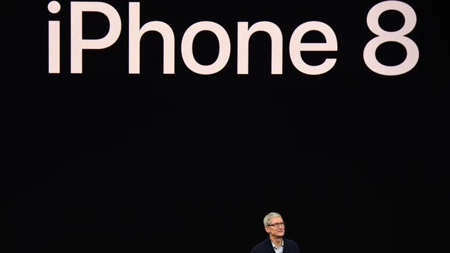 Apple CEO Tim Cook introduces the iPhone 8 at the company’s Apple Park campus. Picture: AFP PHOTO / Josh Edelson