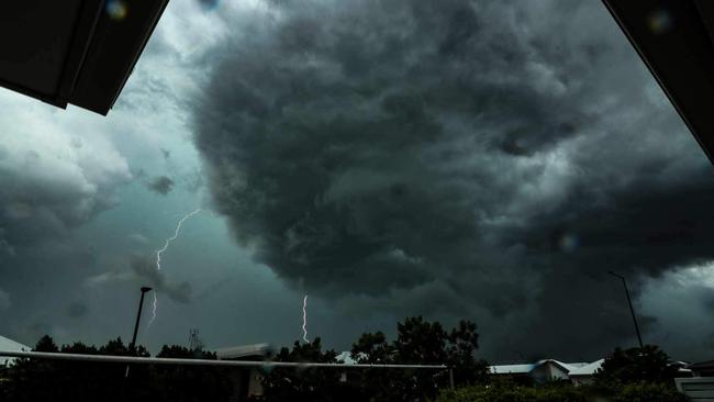 Lightning and storm clouds at Palmview, on the Sunshine Coast, on Saturday. Picture: Glen Vidler