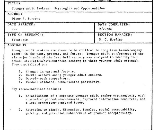 A 1982 memo from US marketing research analyst Diane Stewart Burrows sent to US tobacco executives.