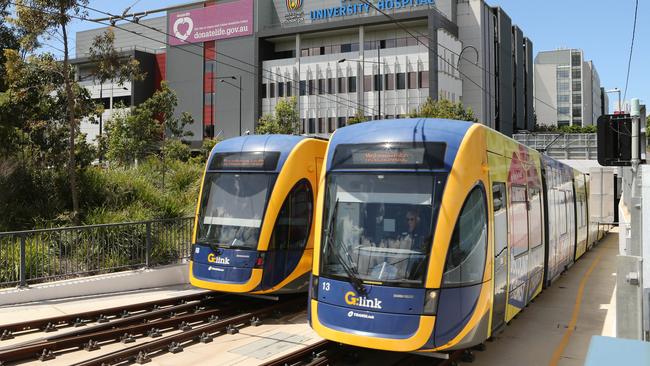 Trams outside Gold Coast University Hospital. Picture Glenn Hampson