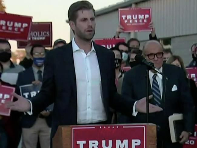 Eric Trump in Philadelphia claiming the voting has been fraudulent. Picture: Sky News