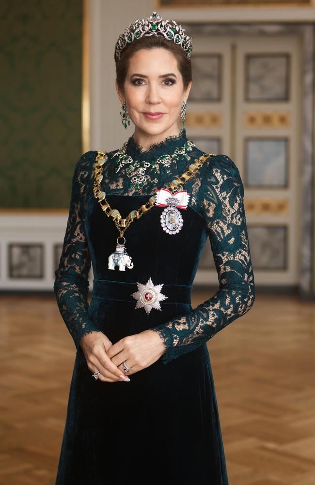 The Australian-born Queen wore an emerald set with a tiara, necklace, earrings and a large broach for the occasion. Picture: Steen Evald