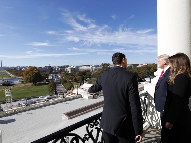 House Speaker Paul Ryan shows President-elect Donald Trump and his wife Melania the view of the inaugural stand that is being built and Pennsylvania Avenue. Picture: Alex Brandon