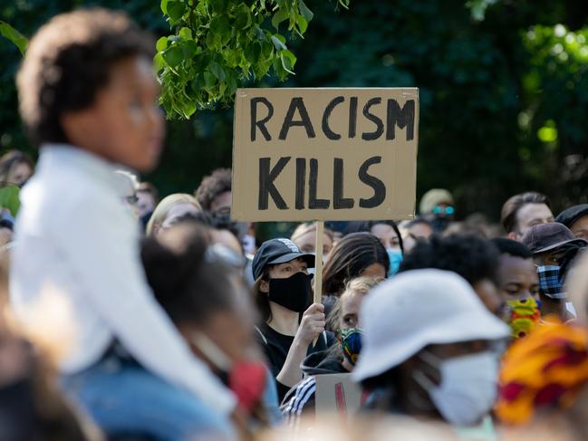 Participants in a rally against the violent death of African-American George Floyd in front of the U.S. Embassy in Berlin, Germany. Picture: Christoph Soeder/dpa via AP