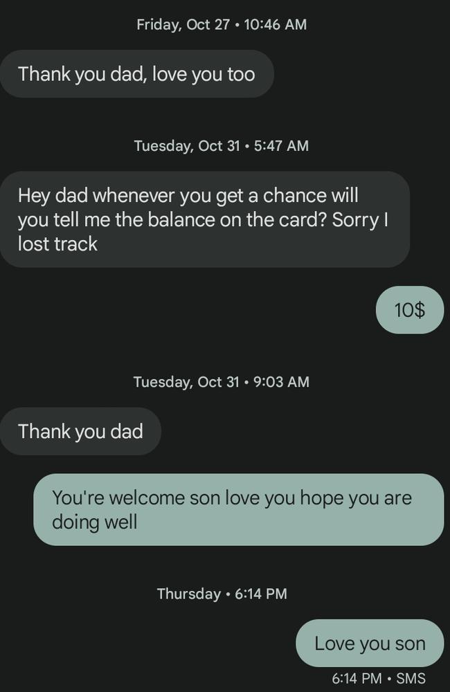 This was the final text exchange between Jonathan and his dad. Picture: GoFundMe