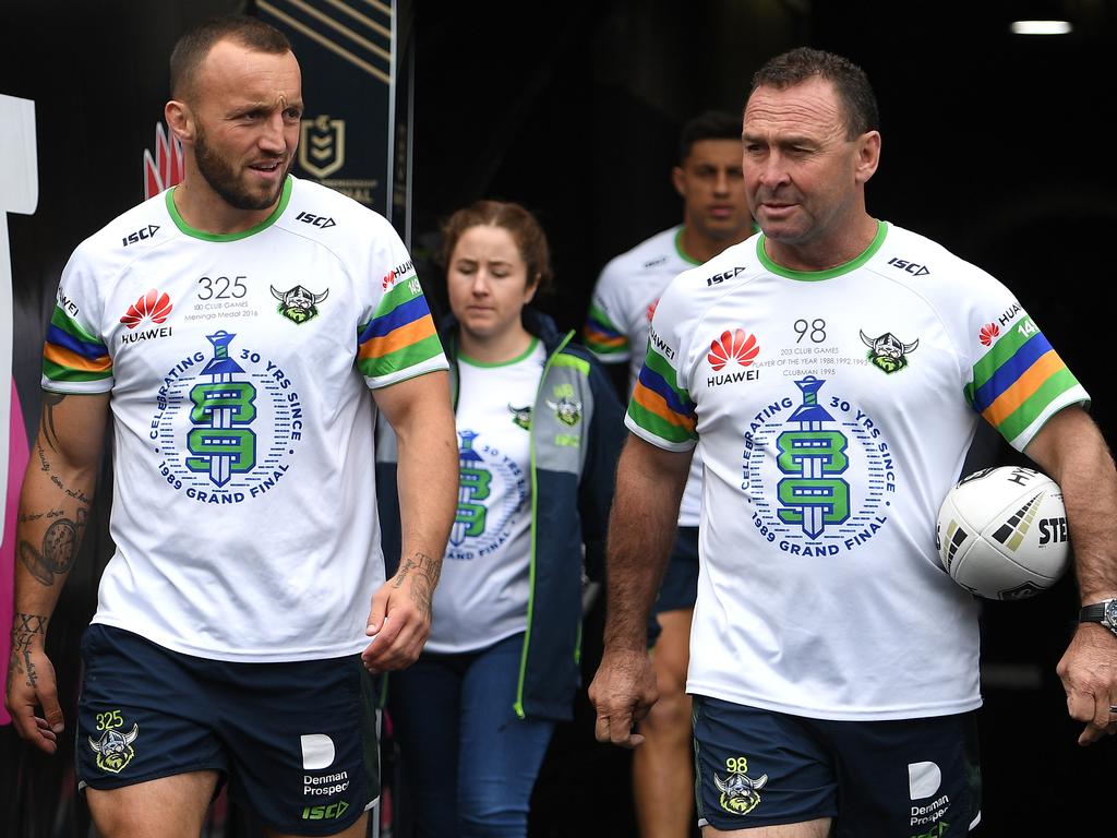 Josh Hodgson (left) and coach Ricky Stuart of the Raiders take part in a training session prior to the 2019 grand final. Picture: AAP Image/Dan Himbrechts