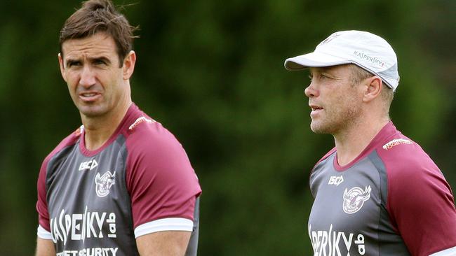 Former Manly Sea Eagles coach (right) Geoff Toovey talks with Andrew Johns during a training session. Picture: Troy Snook