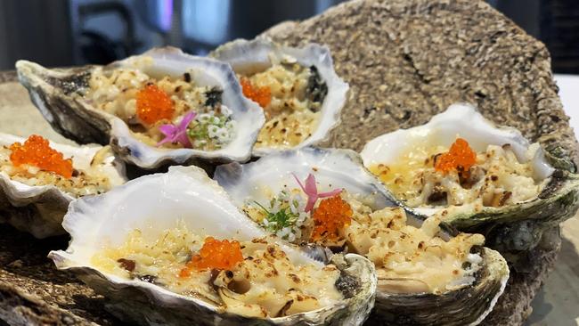 Oysters mignonette with shallots, shiitake and topiko at BOB's Brewery in Surfers Paradise. Picture: Scott Powick.