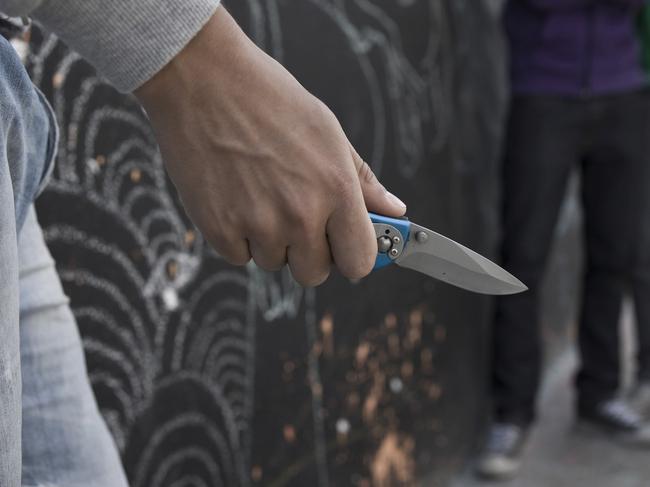 Adolescent threatening a group with a knife.