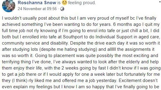 Roschanna Snow who was involved in the fatal accident on Monday afternoon had only just secured her dream job at Harbour Quays Aged Care facility on the Gold Coast.