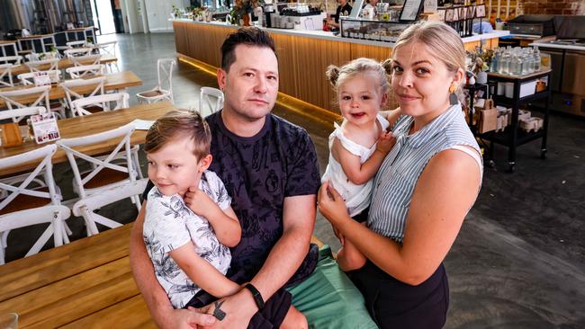 Fabian Folghera, with wife Halie and kids Jasper 4 &amp; Lilah 2, owners of Banksia Tree cafe in Port Adelaide. Image/Russell Millard Photography