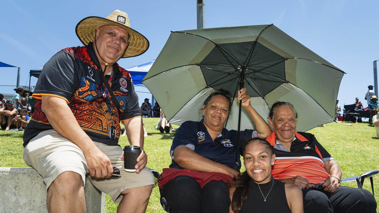 Supporting the Cherbourg Hornets are (from left) Lewis Brown, May-Leah Gadd, Jakada Gadd and Belita Gadd at Warriors Reconciliation Carnival at Jack Martin Centre, Saturday, January 25, 2025. Picture: Kevin Farmer