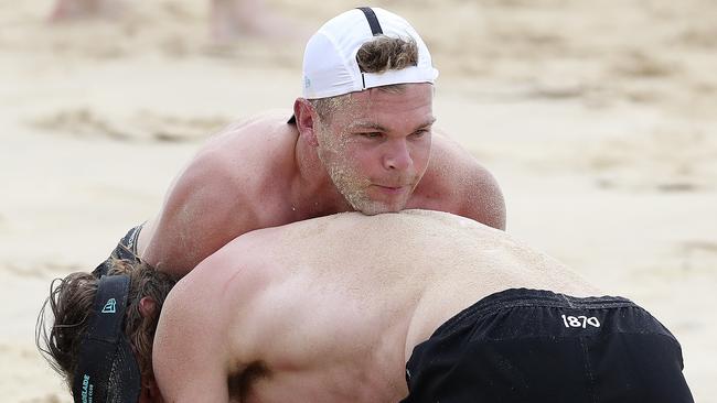 AFL - Port Adelaide training camp, Maroochydore Queensland - DAY 3 Beach combat / training. Dan Houston and Jarrod Lienert Picture SARAH REED