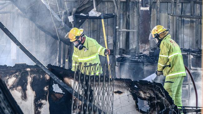 NTFES Firegighters douse the smouldering ruins of the Woolner fire on Friday morning. Picture: Glenn Campbell