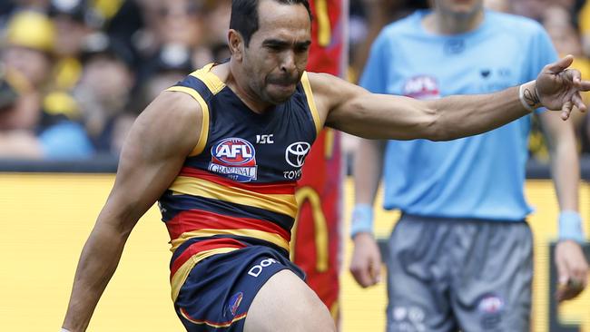 Adelaide’s Eddie Betts kicks his sole goal against Richmond in the 2017 grand final at Melbourne Cricket Ground. Picture: David Caird