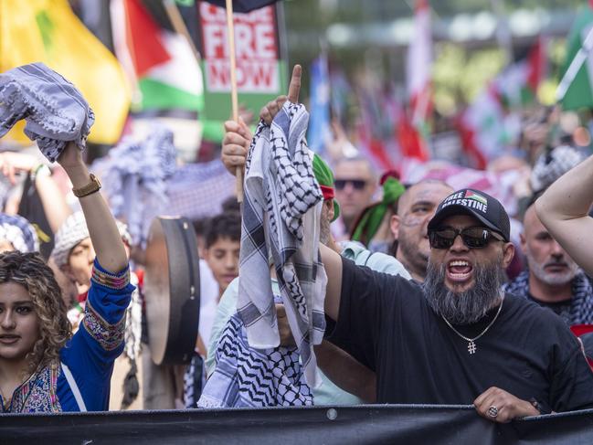 Anti -War protesters take to the street of Sydney ahead of the one year anniversary of the Hamas attack. Picture: Jeremy Piper