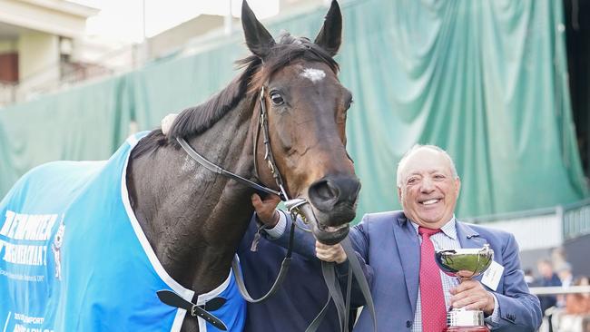 Pride Of Jenni and owner Tony Ottobre after the mare’s victory in the Listed Anniversary Vase at Caulfield on May 3. Picture: Scott Barbour / Racing Photos
