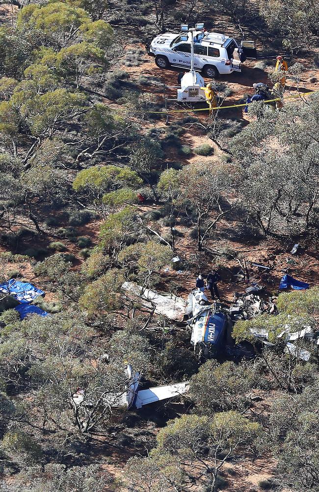 An aerial shot of the wreckage from the fatal Rossair plane crash, near Renmark. Picture: Dylan Coker