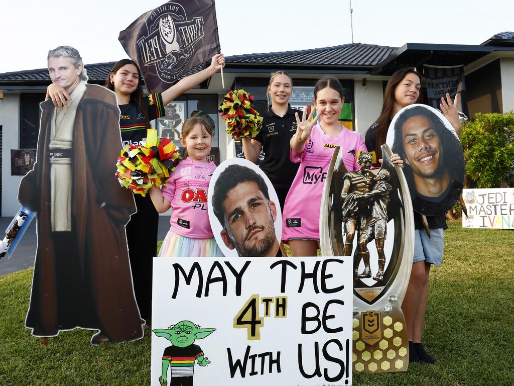 Taylah Pagnamenta, 12, Harlow Pagnamenta, 6, Kiara Pagnamenta, 16, Makayla Cosentini, 13, and Havana Pagnamenta, 12, at their Panthers-decorated home in South Penrith ahead of the NRL Grand Final. Picture: Jonathan Ng