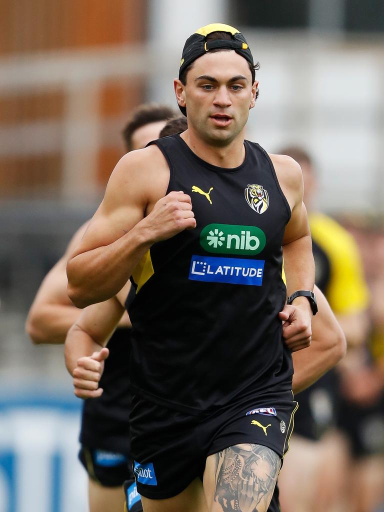 Tim Taranto hits the ground running at Tigerland. Picture: Dylan Burns/AFL Photos via Getty Images