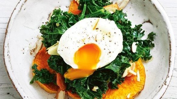 Eggs with sweet potato and kale.