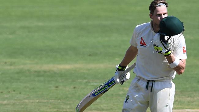 Steve Smith celebrates reaching three figures on a pitch that was almost designed to prevent it.