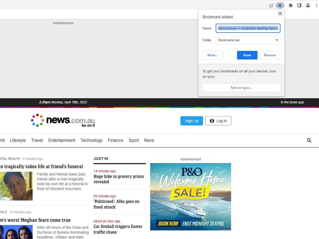 Head to the toolbar in the top right corner to add news.com.au to your favourites.