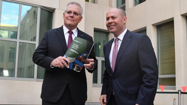 Prime Minister Scott Morrison and Treasurer Josh Frydenberg in the Prime Minister's Courtyard on budget day.